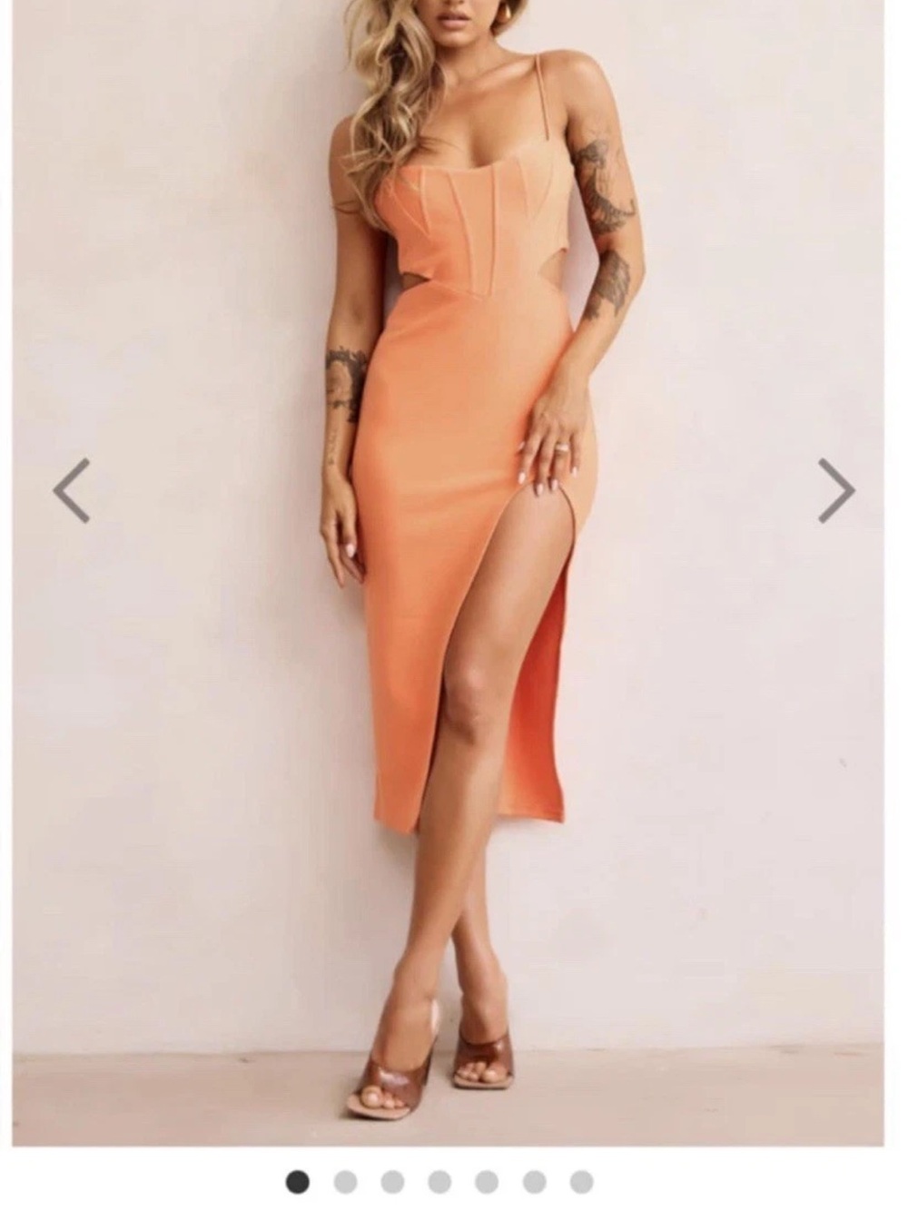 PAIGE Peach-Orange Bustier Midi Dress with Thigh Slit